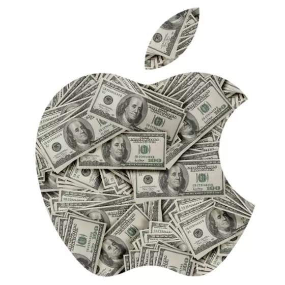 Pile of hundred-dollar bills cropped in the shape of the Apple logo